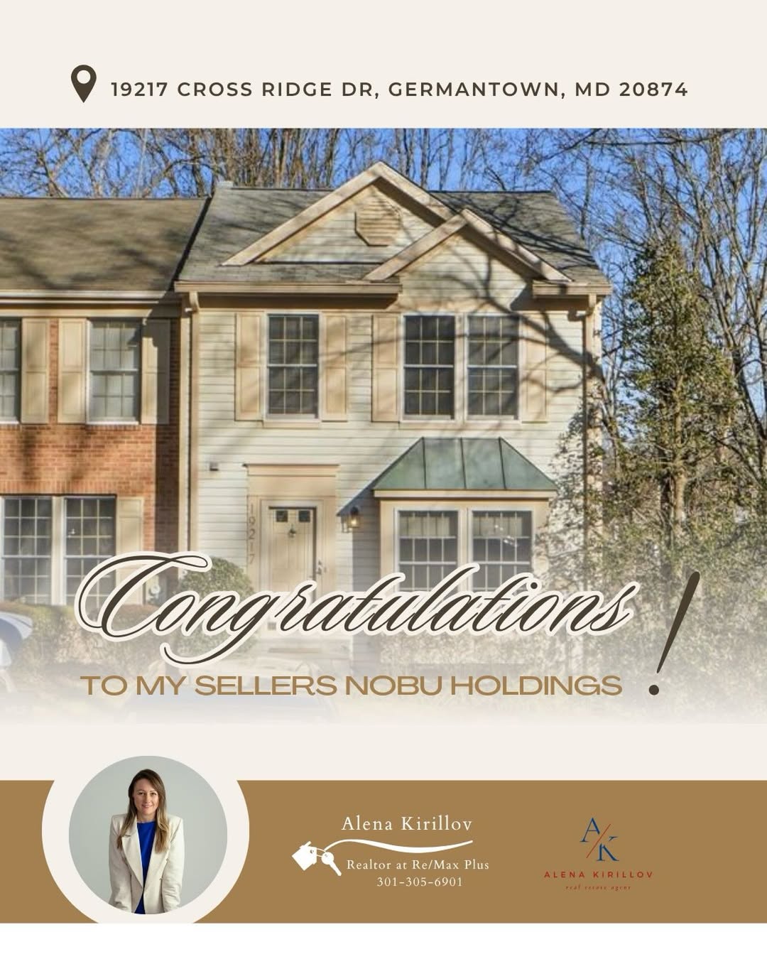Congratulations to my sellers Nobu Holdings - 19217 Cross Ridge Dr, Germantown MD